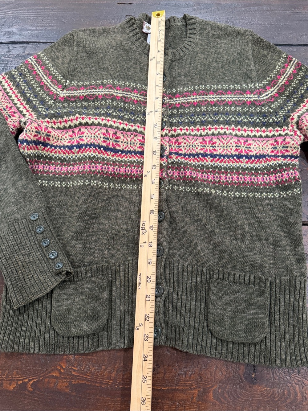 Vintage Tiara Fair Isle Cardigan Sweater Olive Green Pink Ramie Cotton Womens L - Picture 8 of 11